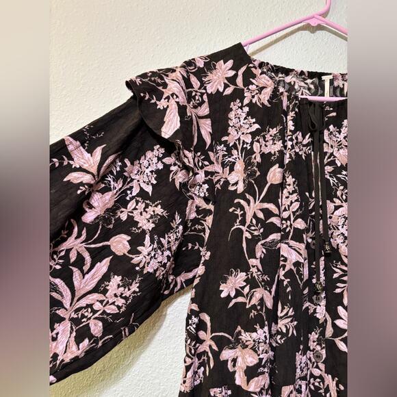 Free People NWT Sunbaked Ruffled Swing Tiered Mini Dress Washed Black Floral L - Picture 6 of 10